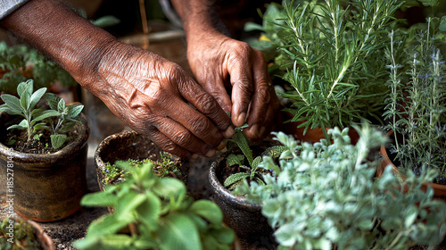 Elderly hands carefully tending to small potted herbs, showcasing the art of gardening and nurturing plants in a vibrant, lush green environment with rich textures