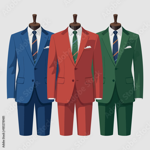 Three tailored suits displayed on mannequins, each in a different vibrant color.