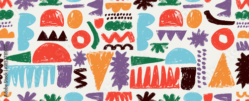 Seamless pattern charcoal doodle shapes. Abstract organic shape pattern with colorful geometric doodles. Vector simple random shapes in bright childish colors. Seamless pattern pencil drawn icons.