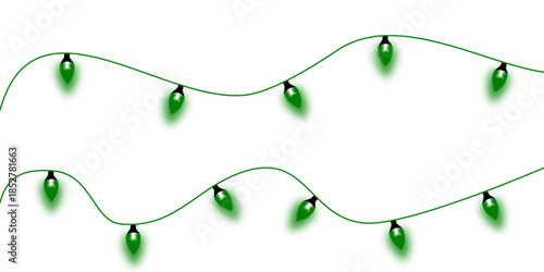 Two wavy strings of glowing green Christmas lights on a plain white background, perfect for holiday decorations or festive designs.