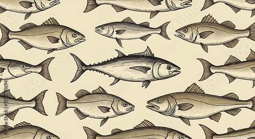 群れる魚たち：精密なペン画