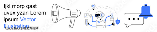 Digital communication, notification systems, AI interaction, marketing outreach, chatbot technology, information exchange. A robot, megaphone chat bubble and notification icon. Communication