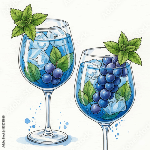 Refreshing blue grape cocktails served in elegant glasses with mint leaves and ice on a summer day