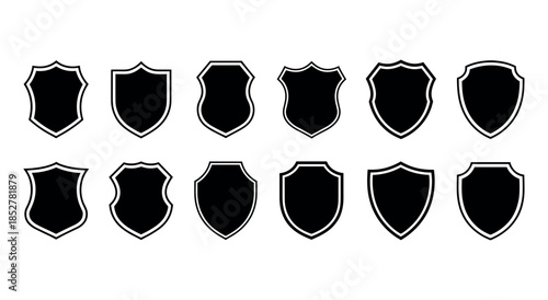 Collection of black shield icons on white background shield, protection, security, icon