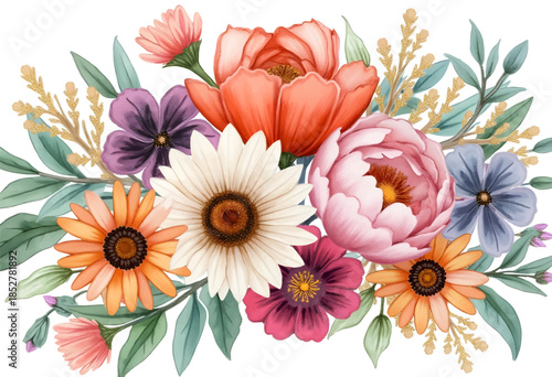 Bright and colorful floral arrangement showcasing various flowers with soft petals and vibrant colors in a natural setting