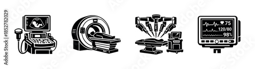 Medical technology equipment, flat vector illustration, mri, surgery, ultrasound