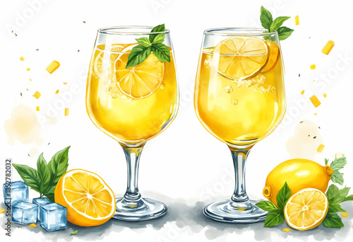 Two glasses filled with bright yellow lemonade, garnished with lemon slices and mint leaves, sit next to fresh lemons and ice cubes, perfect for a warm day.