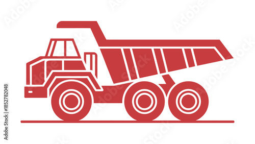 An illustration of a large red dump truck on a white background