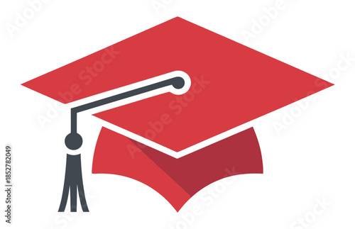 A red graduation cap with a tassel rests on a white background, symbolizing achievement.