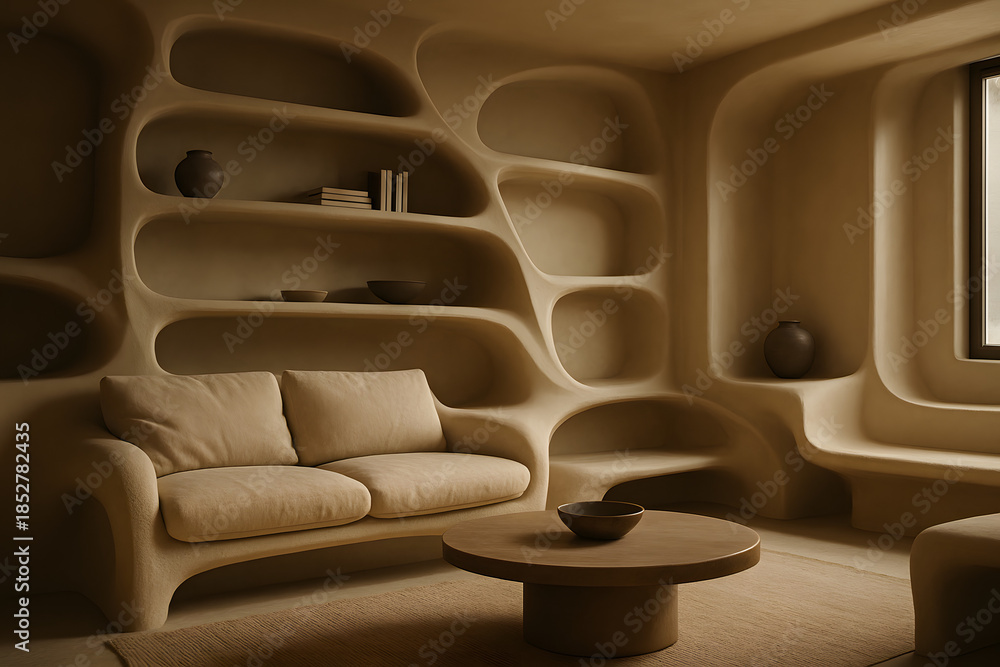 Obraz premium Cozy Interior Design: A warm and inviting living room interior design featuring a unique, organic wall design, comfortable seating, and a minimalist aesthetic.