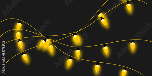 Glowing yellow string lights on a dark background, festive illumination for celebrations.