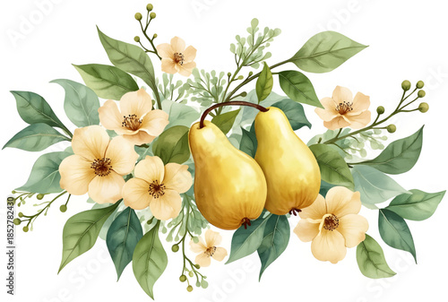 Floral arrangement featuring delicate flowers and ripe pears in soft pastel colors for home decor