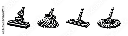 Cleaning tools vector illustration: mop, broom, flat vector style design