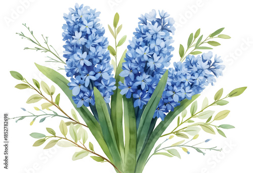 Beautiful bouquet of blue flowers arranged with green leaves in a fresh spring setting