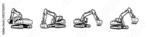 Construction equipment, excavators, diggers, flat vector illustration in black and white