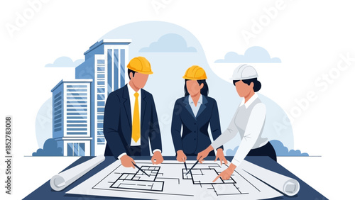 Architectural Team Reviewing Blueprints for Building Construction Project.