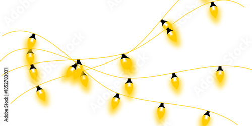 Bright yellow glowing string lights arranged in a decorative pattern on a white background, perfect for festive occasions or warm ambiance.