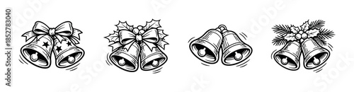 Christmas bells set, holly, ribbons, flat vector illustration, festive holiday style