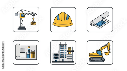 Construction Icons Set - Crane, Helmet, Blueprints, Buildings, Excavator.