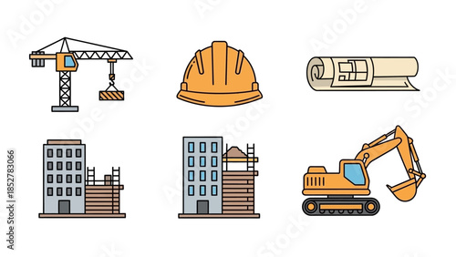 Construction Icons Set - Crane, Hard Hat, Blueprint, Buildings, Excavator.