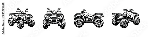 All-terrain vehicle collection, quad bikes, flat vector illustration, monochrome design