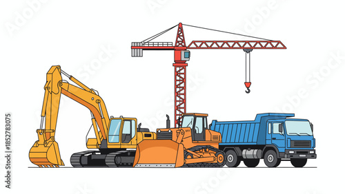 Construction Site Machinery - Excavator, Bulldozer, Crane, and Dump Truck.