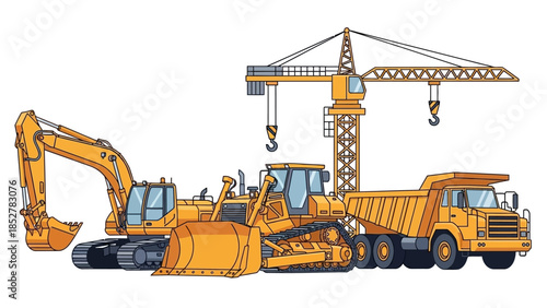 Construction Site Machinery - Excavator, Bulldozer, Dump Truck, and Crane Illustration.