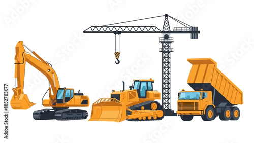 Construction Site Machinery - Excavator, Bulldozer, Dump Truck, and Crane.