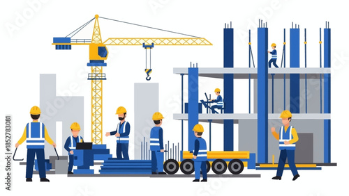 Construction Site Scene with Workers and Crane Illustration.