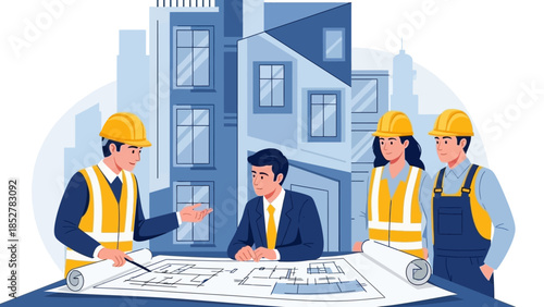 Construction Team Reviewing Blueprints for Building Project.