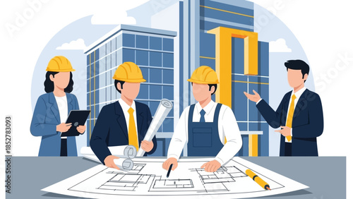 Construction Team Reviewing Blueprints for New Building Project.