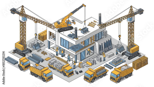 Isometric Construction Site with Cranes and Trucks Illustration.