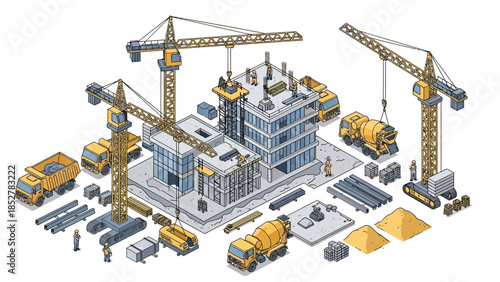 Isometric construction site with cranes, building, and construction vehicles.