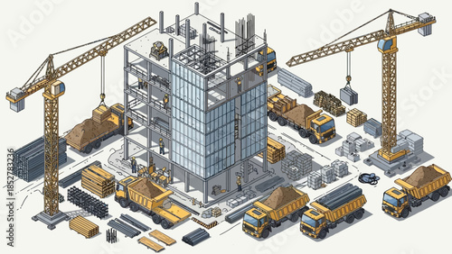 Isometric Illustration of a Construction Site with Cranes and Trucks.