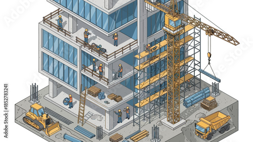 Isometric View of a Building Under Construction with Crane.