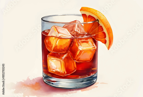 A refreshing cocktail in a clear glass filled with ice cubes and garnished with a slice of orange, perfect for warm afternoons. The vibrant colors create a cheerful atmosphere.