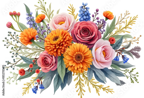 A stunning bouquet showcases a variety of flowers including pink roses, orange zinnias, and delicate wildflowers. This colorful arrangement is perfect for adding charm to any setting.