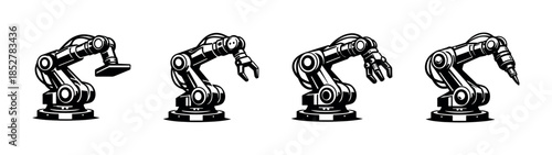 Industrial robot arm set, flat vector illustration, automation, machinery