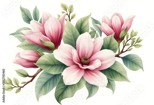A stunning arrangement of soft pink magnolia flowers with lush green leaves and branches showcases natures beauty. The artwork captures the intricate details and colors, creating a serene ambiance.