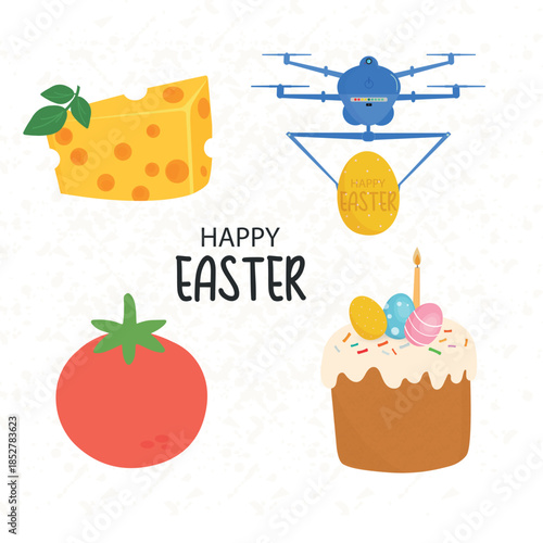 Bright flat vector illustration set with Easter symbols and food elements. Includes cheese, tomato, festive Easter cake with eggs and candle, and a modern drone delivering an Easter egg
