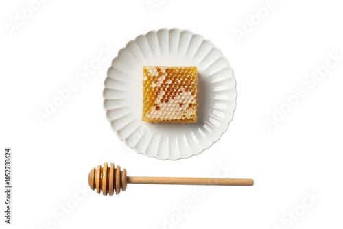 Honeycomb on Plate with Honey Dipper  Sweet Treat