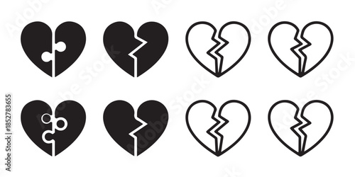 Heart puzzle and broken hearts collection eight vector icons set in black and white