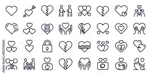 Heart and broken heart outline icons set for love, relationship, and emotional concepts