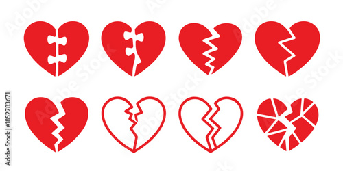 Heart puzzle and broken hearts collection eight red vector icons for emotional concepts