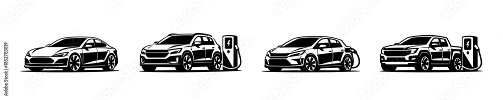 Obraz premium Electric cars and charging stations, flat vector illustration in minimalist style