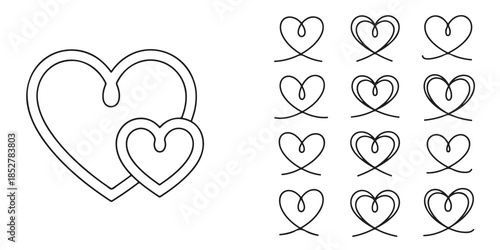 Set of heart line art illustrations intertwined hearts and continuous line drawings