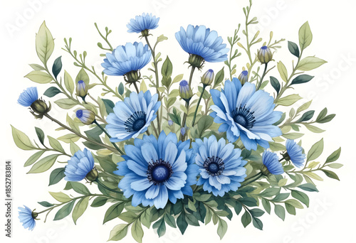 Delicate blue flowers arranged beautifully with lush green leaves in a soft watercolor style