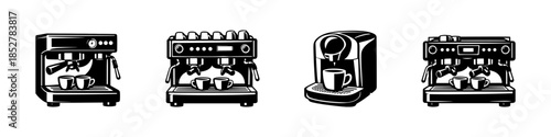 Coffee machine set, espresso, cappuccino, flat vector illustration