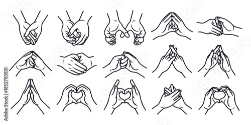 Set of human hands gestures showing holding hands and heart shapes line art