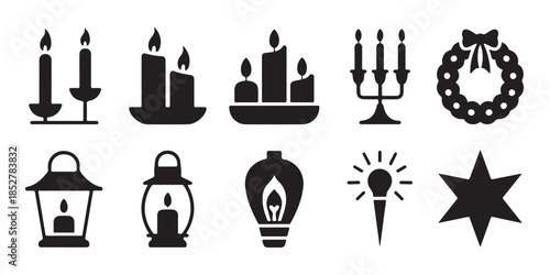 Set of Christmas and winter holiday symbols including candles wreath and star